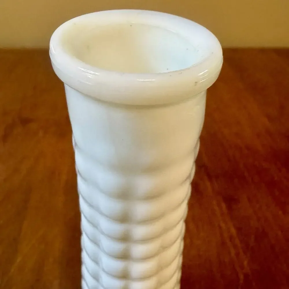 Vintage E.O. Brody White Milk Glass Bud Vase 8” Beehive Waffle Textured MCM
